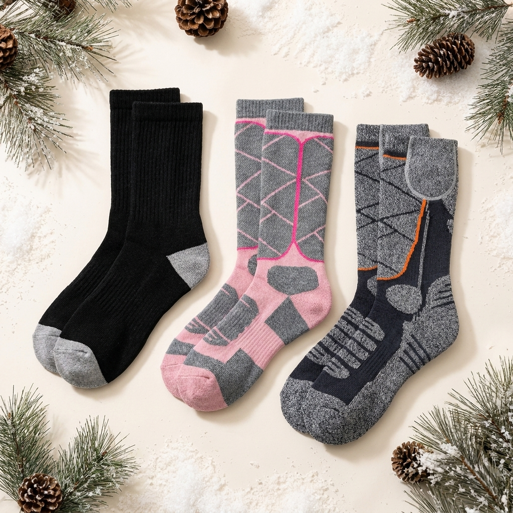 Pair of dark gray heated socks with battery pockets at the cuffs