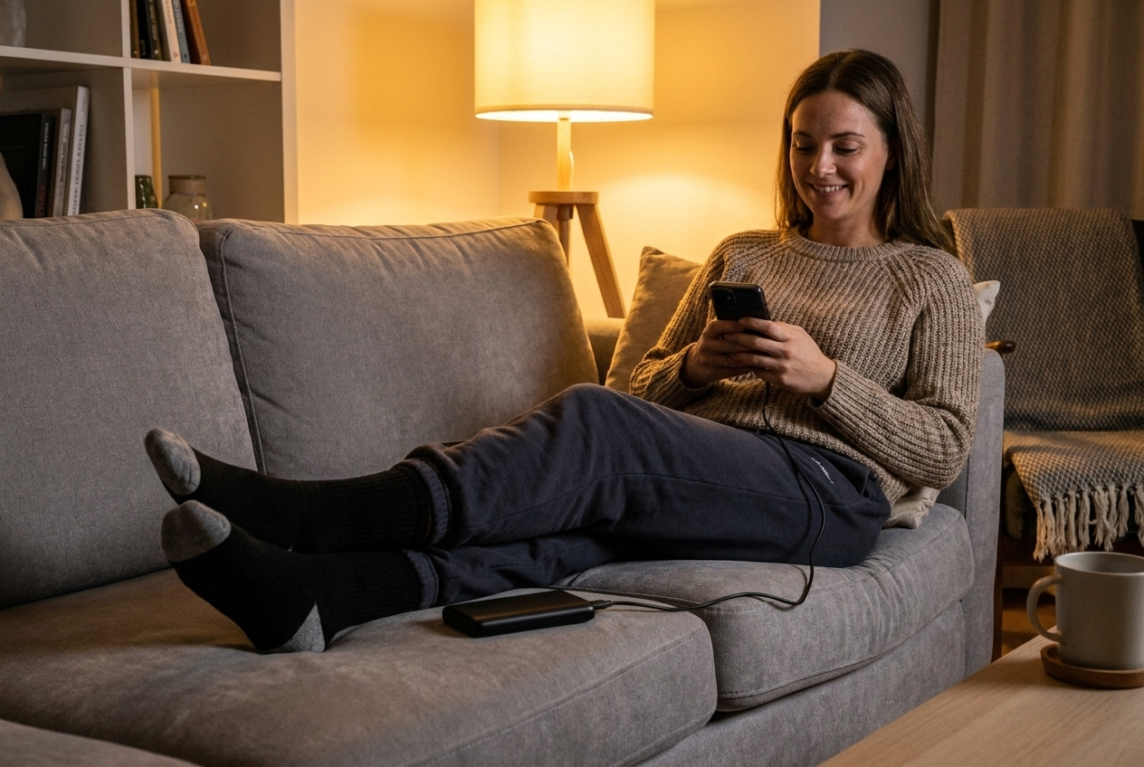Heated socks with black, pink, and dark gray color options and USB cable