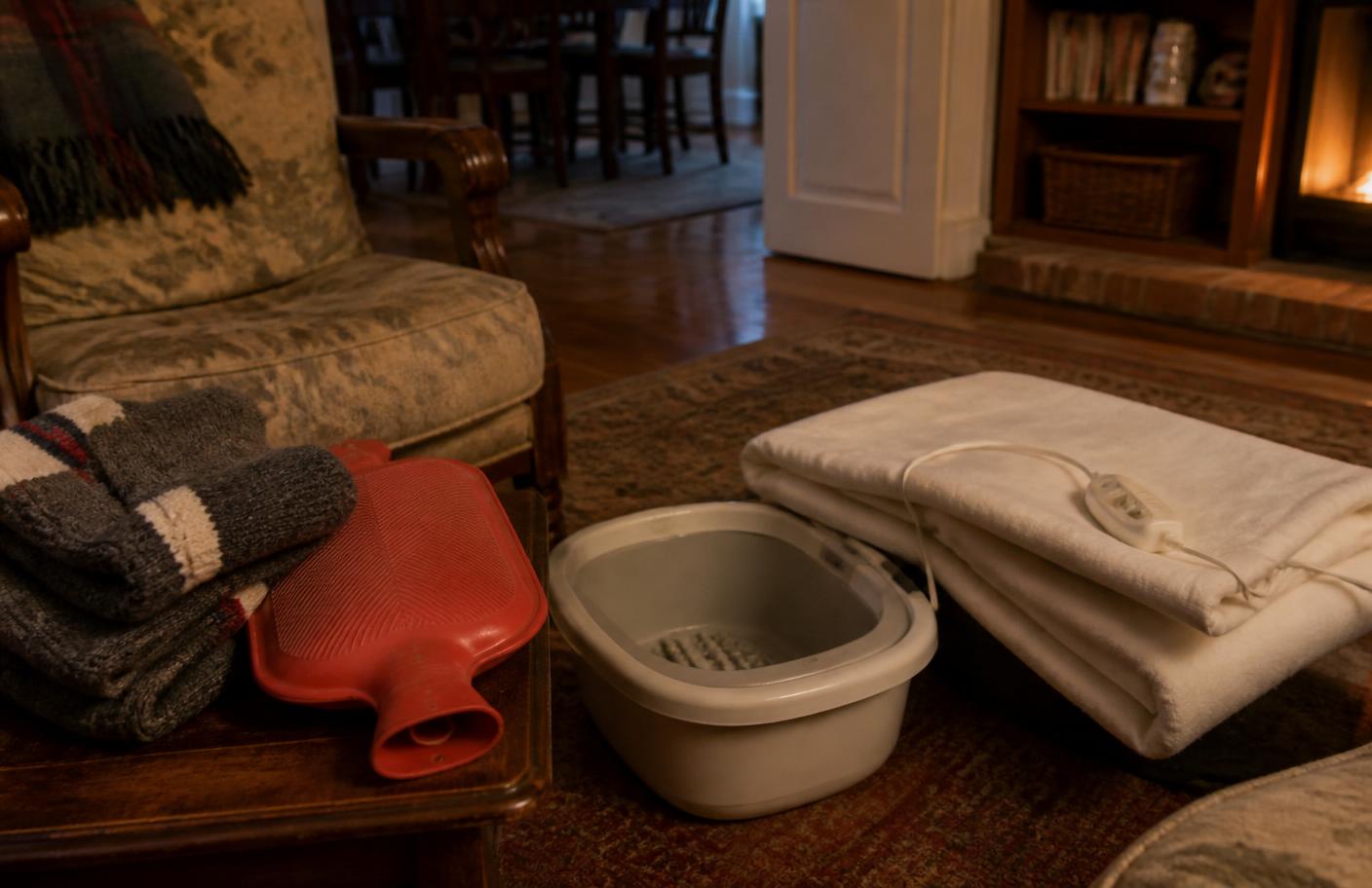 Wool socks, a hot water bottle, foot bath, and heated blanket tried for cold feet